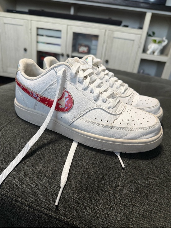 Nike Shoes - Nike White Low-Top Sneakers with Red-Pink Swoosh